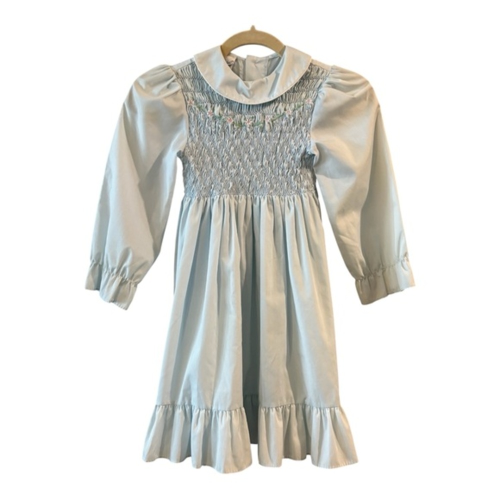 Polly Flinders Girls Dress Size 7 Floral Smocked Peter Pan Collar Long Sleeve
